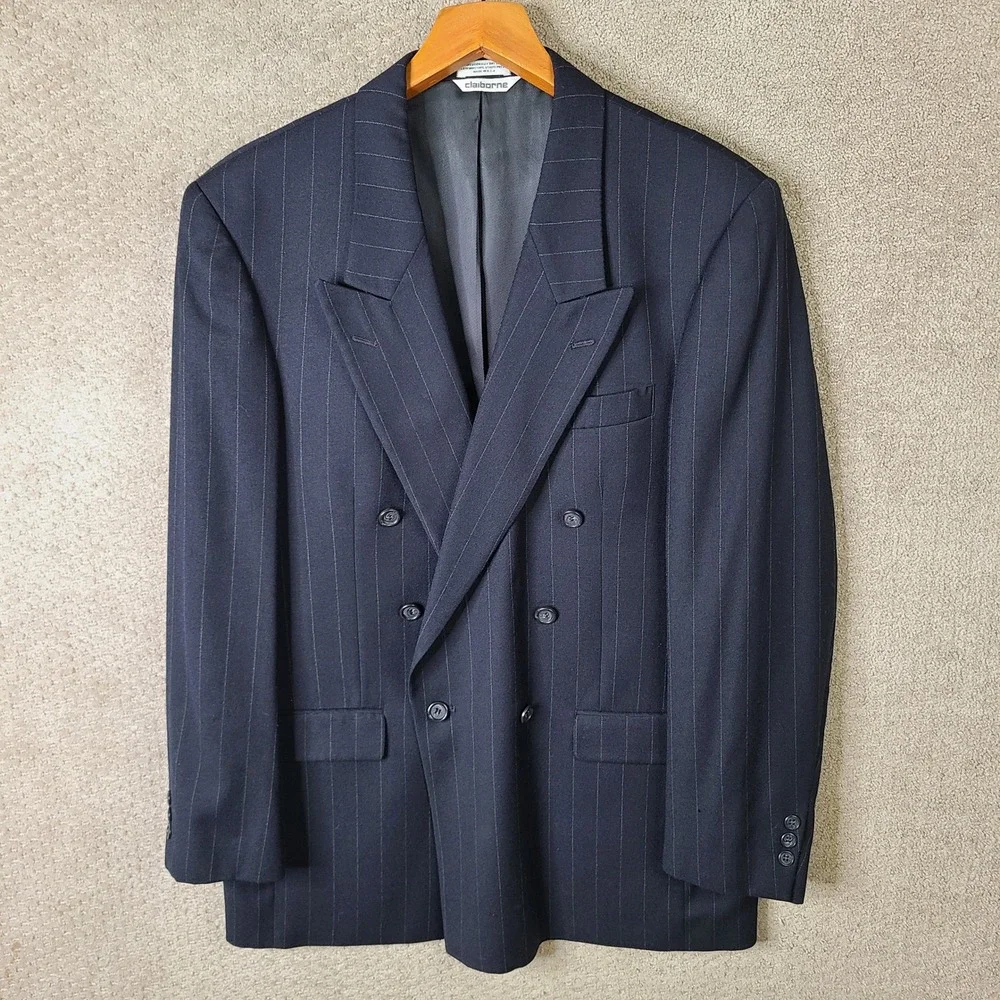 Vintage Claiborne Jacket Mens 46L Blue Striped Blazer Double Breasted Wool Coat